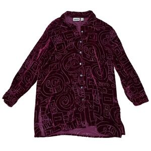 Chicos Design Women's‎ M Maroon Velvet Burnout Tunic Top Long Sleeve Button Down